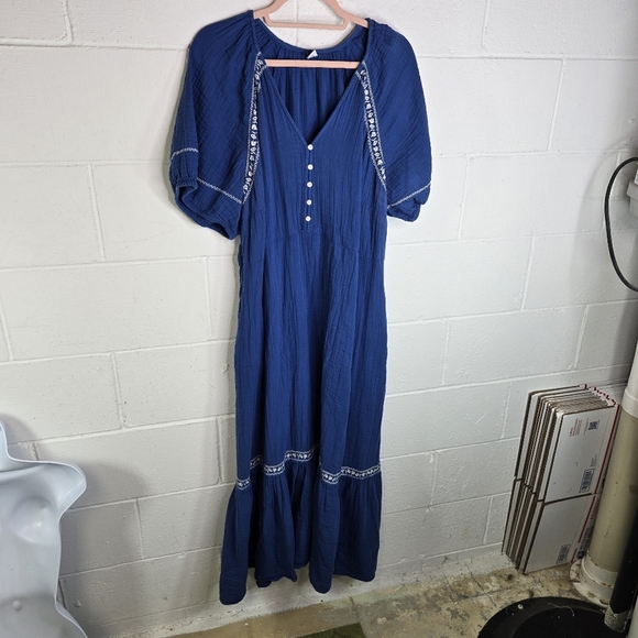 Old Navy Blue Crinkle Crepe Embroidered Peasant Boho Long Maxi Dress Plus Xxl - Picture 8 of 9